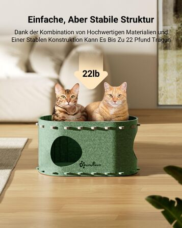 Будиночок-гніздо для котів DownyPaws з фетру, 2-ярусне котяче ліжко, 50 x 33 x 50 см. Затишний дизайн, захист кігтів, зелений колір