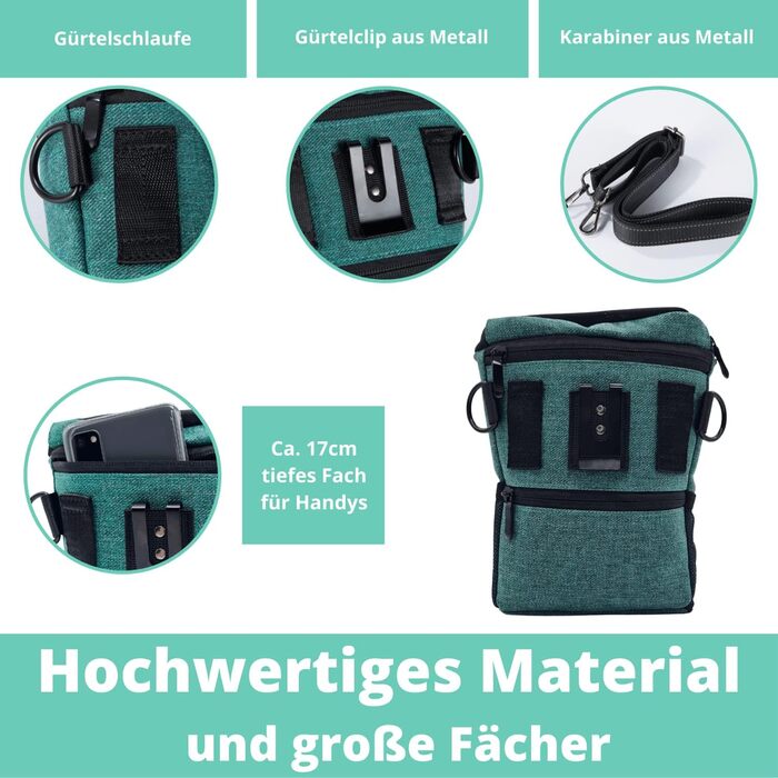 Преміум сумка для ласощів для собак - ідеальна для виховання та дресирування. Функціональна, практична, багато місця та з дозатором кульок для прибирання (зелена)