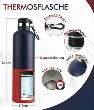 Фляга спортивна Feijian 1L з карабіном - термофляга з нержавіючої сталі, витримує напій з газом, без BPA, для спорту, відпочинку, школи, кемпінгу, велосипеду, армійський зелений (блакитний & червоний)