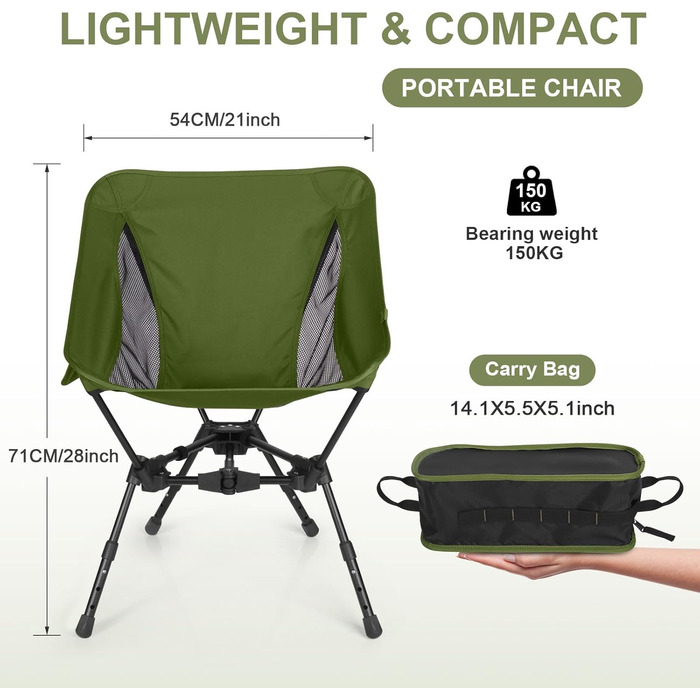 Складний туристичний стілець TOPCHANCES, 150 кг, армійний, з кишенею, дихаюча сітка для пікніків та відпочинку на природі