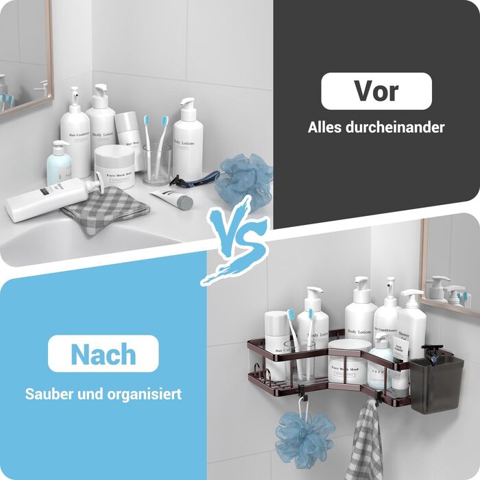 FINIBO Shower Shelf No Drilling, 2 Pack Adhesive Corner Shelf Bathroom Organizer, Shower Shelf Stainless Steel with 4 Hooks and 2 Toothpaste Holders, Black Shower Shelf Shower Basket for Bathroom Kitchen