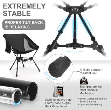 Складний туристичний стілець TOPCHANCES для кемпінгу та відпочинку на природі. Міцний, легкий, з кишенею, чорний