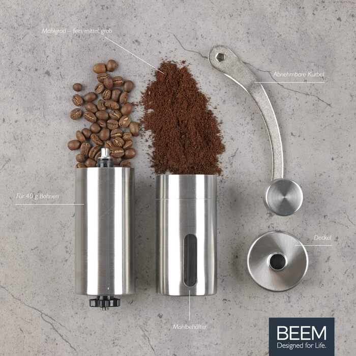 Ручна кавомолка BEEM GRIND-2-GO, 40 г, конічний жорн, безступеневе регулювання помолу, нержавіюча сталь, бавовняний мішечок