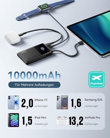 Повербанк INIU 45W 10000mAh з вбудованим кабелем USB-C, швидка зарядка для iPhone 16 17 Pro, Samsung S22, Xiaomi, iPad, чорний