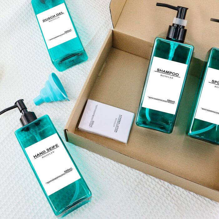 Набір дозаторів для мила Roselee (4 шт.), зелені, 500 мл. Дозатори для душу, шампуню, кухні, ванної кімнати. Матеріал: пластик.