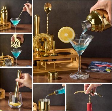 Набір шейкер для коктейлів Barkeeper Kit: 12 предметів з бамбуковим підставкою | Набір бармена з аксесуарами для приготування напоїв, для бару, дому, лаунж та вечірок (Золотий) з титановим покриттям