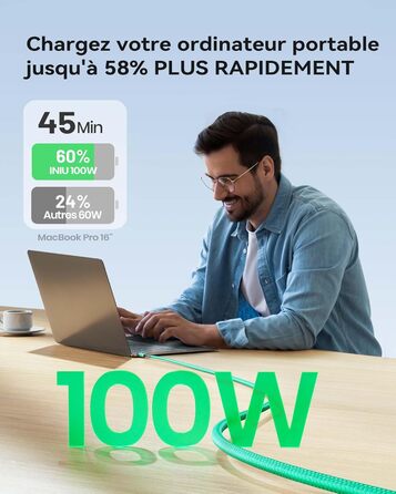 Кабель USB-C INIU 100W з підтримкою PD3.0, 2м, зелений. Сумісний з iPhone, Samsung, Pixel, iPad, MacBook. Нейлонова обплітання.