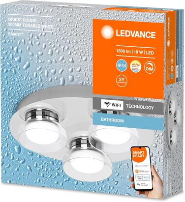 LEDVANCE Smart LED Bathroom Lamp Chrome, 18W, 1800LM, 3000-6500K, 30cm, IP44, Orbis Round Wall Light, Bathroom Light with Wi-Fi Technology, Dimmable, Controllable via App and Voice Assistants