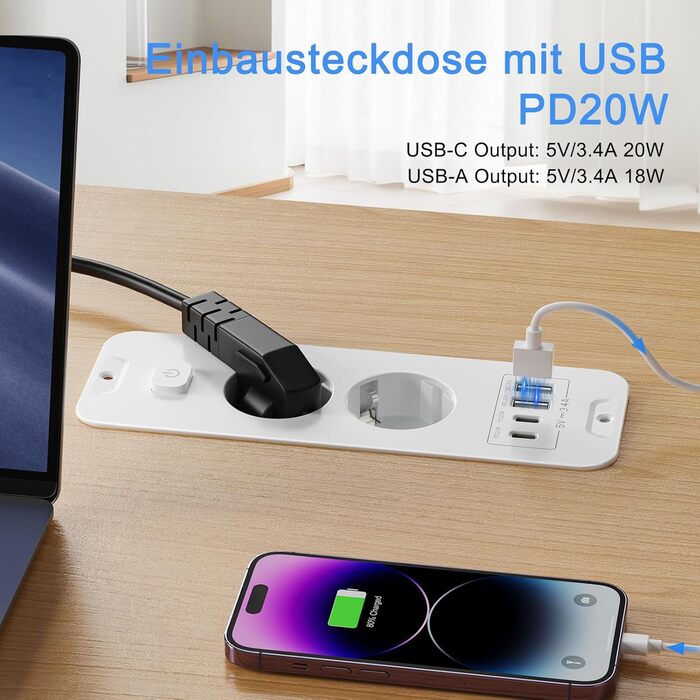 Мережевий фільтр 5-портовий з індивідуальним вимикачем, розгалужувач з 2 USB-A та 2 USB-C, мережева розподільча коробка з вимикачем, мережевий фільтр настінний з 2м кабелем, PD 20W - (2 розетки, 4 USB, білий)