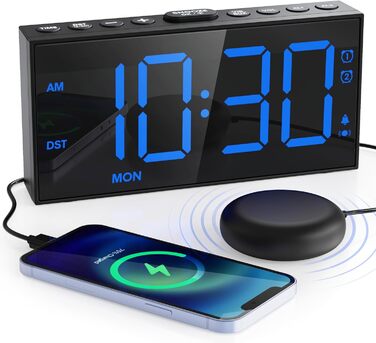 Loud Vibration Alarm Clock for Deep Sleepers, Dual Alarm with Weekend Mode, Large Digital Display, Dimmer, Battery Backup, USB Charger, Vibration Alarm Clock for Deaf/Hard of Hearing Digital Clock
