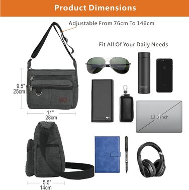 Чорна сумка-перехресна W&G Traveler з RFID захистом, відділенням для ноутбука 13 дюймів, кишенями для телефону та документів, та тримачем для пляшки води