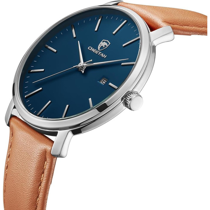 Чоловічий годинник CHEETAH: аналоговий кварцовий годинник з датою, водостійкий (3 ATM), з шкіряним ремінцем, спортивний стиль, для молоді (сріблясто-блакитний, коричневий)
