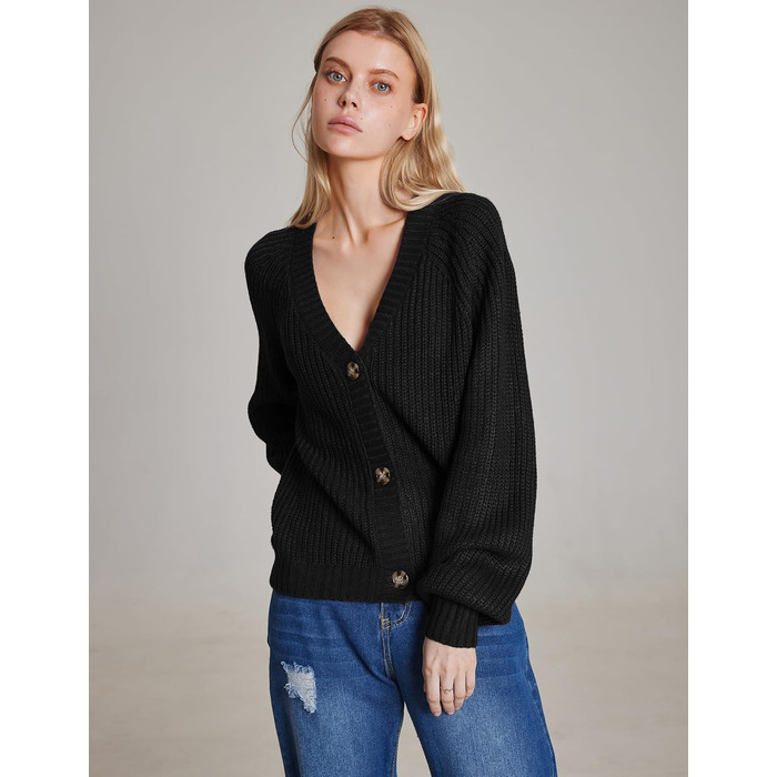 Жакет жіночий короткий в'язаний кардиган Hotouch з V-подібним вирізом та кнопками, відкритий спереду, светр, елегантний, повсякденний (XS, Чорний)