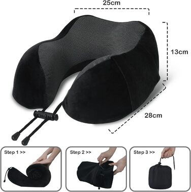 Подушка для шиї у вигляді U, Memory Foam, для подорожей, авто, офісу, дорослі, з маскою для сну та навушниками, чорна