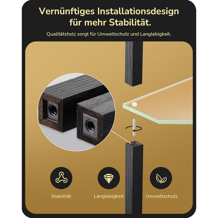 Стійка лампа EDISHINE з 4 полицями з дерева, LED диммер, 3 колірні температури, поворотний світловий маніпулятор, підсвічування полиць, футовий вимикач (чорний+скло)