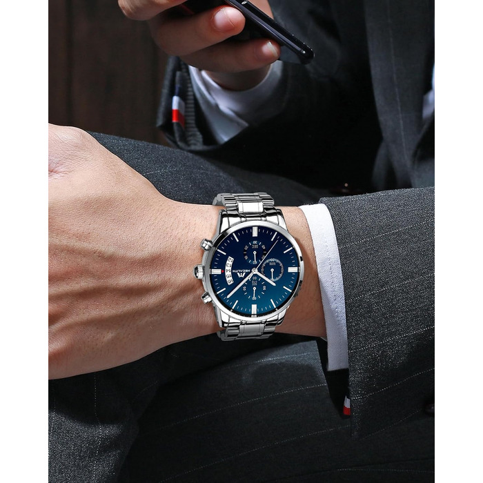 Чоловічий годинник MEGALITH з нержавіючої сталі, хронограф: велике циферблат, водостійкий, з датою, для роботи та відпочинку. Стильний подарунок для чоловіків, колір: срібно-блакитний.