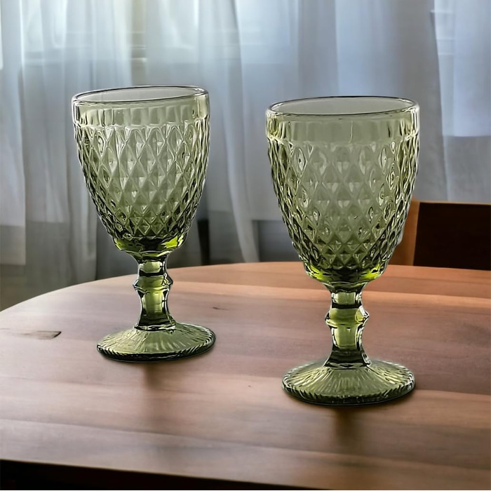 Vintage Set of 6 Colored Glasses and Tumblers with Diamond Pattern (Netz Green Wine Glass), Long Drink Glasses, Cocktail Glasses with Embossing, Glass, Tumbler, Wine Glass, Water Glass, Goblets