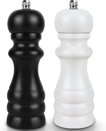 Набір для солі та перцю: ручні млини для перцю та солі, чорного кольору, великі. Дерев'яні млини для спецій з регульованою керамічною помелювальною камерою (від дрібної до грубої). 6,5 дюйми для морської солі, чилі, грубої солі (чорний та білий), 2 шт.