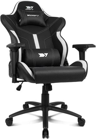 Професійне ігрове крісло DRIFT GAMING DR350 ергономічне, з 4D-підлокітниками, подушками під поперек та шию, нахил 135°, безшумні колеса, чорно-біле