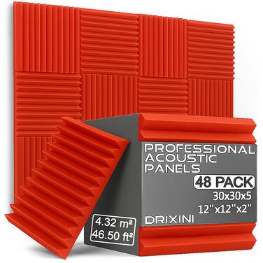 Акустичні панелі для звукоізоляції 30x30x5 см, набір 48 шт, червоні — професійні шумопоглинаючі панелі для студії, подкасту, дому та офісу (3D декор)