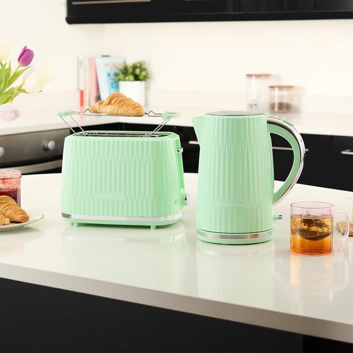 Russell Hobbs Kettle [1.7L 2400W] Eden White, Stainless Steel Accents (removable scale filter, lid opening with a push of a button, water level indicator, illuminated switch, BPA free) Teakettle 27360-70 (Pistachio)