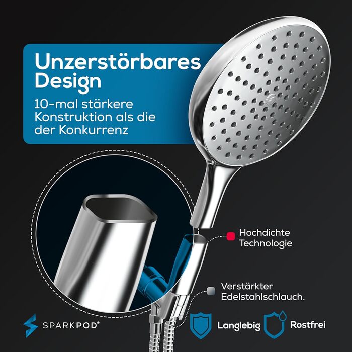 Душова лійка SparkPod з високим тиском, 15 см, XXL, з довгим шлангом, хром, розкішний дизайн, легке встановлення без інструментів