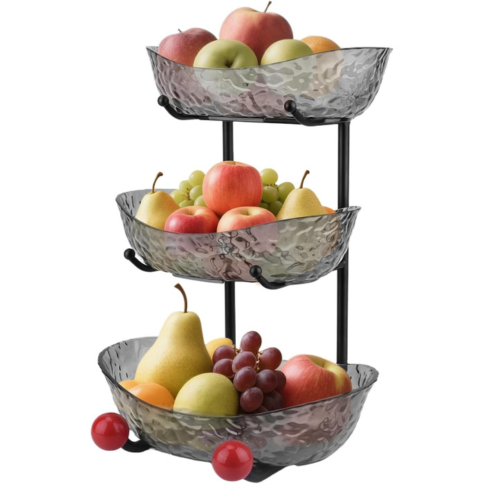 Пластикова підставка для фруктів Asaiy – 3 яруси, овальна корзина з металевим каркасом, сірого кольору. Організатор для фруктів, овочів, снеків та солодощів.