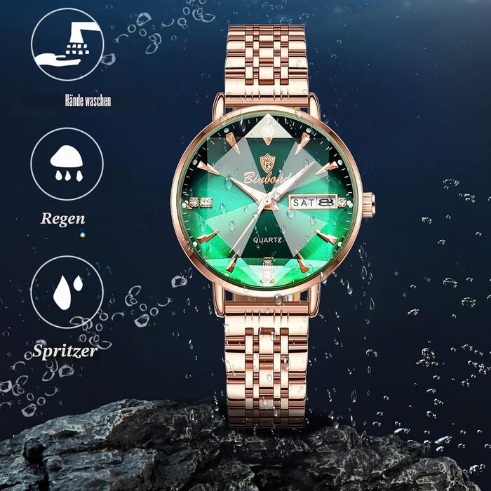 Жіночий наручний годинник JewelryWe Rosegold: кварцовий аналоговий годинник зі сталі, водонепроникний (30м), з календарем, підсвічуванням стрілок та граненим склом, колір Rosegold-Зелений