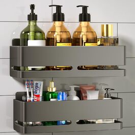 Настінна полиця для ванної кімнати (5 шт. в наборі) з мильницею та тримачем для зубних щіток, без свердління, для ванної та кухні (сірий) (сірий - 2 яруси)