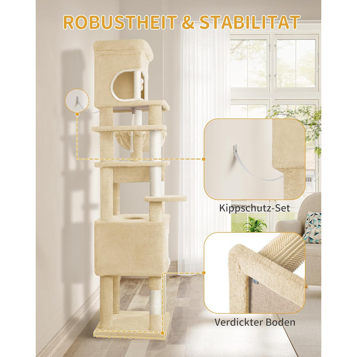 Драбина-кіготь для котів Hzuaneri, 203 см, з великою платформою, 2 печери, 7 кігтеточок, помпони, лежанки, гамак, для всіх порід котів, бежевий MS20318YL XXL (60 x 50 x 203 см)