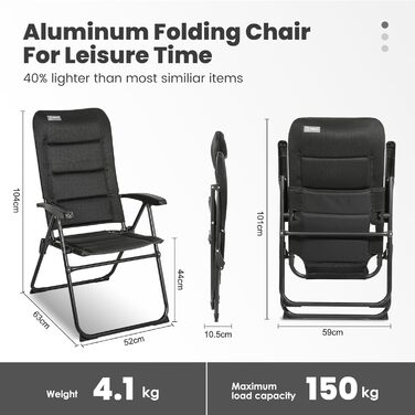 Крісло для кемпінгу Homecall складне, 150 кг, з високою спинкою, для саду, балкону, риболовлі, чорне