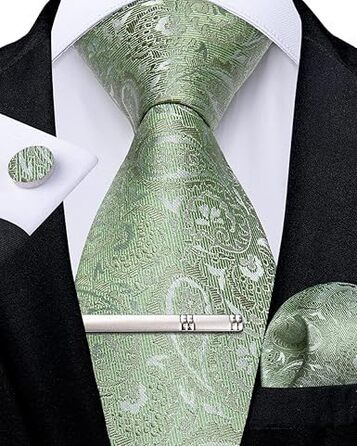 Краватка DiBanGu чоловіча, шовкова, з візерунком павлина та квітами, комплект: краватка, нагрудна хустинка, краваткова застібка, запонки, для весілля, свят, класичний стиль (світло-зелений)