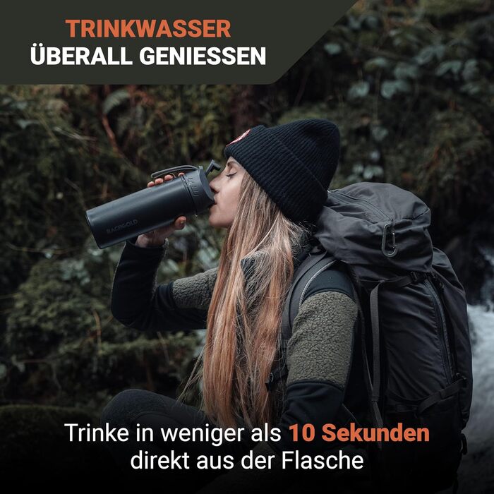 Пляшка-фільтр для води Bachgold Profi Outdoor, 1500 л, видаляє 99,99% бактерій, фільтрує віруси, частки й важкі метали, чорна