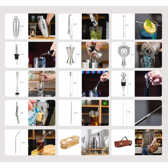 Набір бармена DUEBEL професійний 24 предмети, з сумкою для подорожей та бамбуковою підставкою - для приготування коктейлів