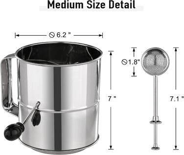 Flour Sifter - 5 Cup Fine Mesh Hand Crank Sifter Stainless Steel with Whisk Wire Loop for Baking, Powdered Sugar Dusting Set