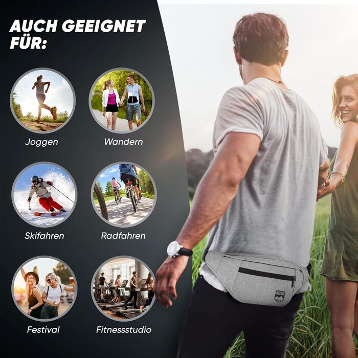 RUVO® Поясна сумка для чоловіків та жінок | стильна сумка на пояс з 4 відділеннями на блискавці | підходить для будь-яких активностей (сіра)
