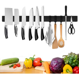 Improved 60cm Trhillsbrad Magnetic Knife Strip, 60cm Magnetic Knife Holder with 3 Hooks, Stainless Steel Knife Rail Self-Adhesive, Black Wall Mount Magnetic Strip No Drilling Knife Holder