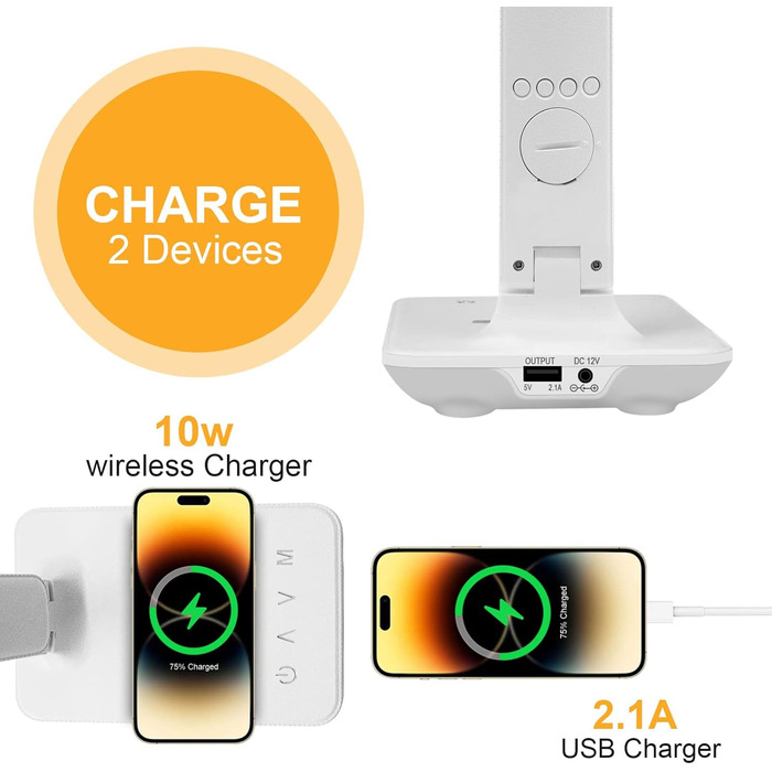 LED настільна лампа з бездротовою зарядкою та USB-портом, диммування, годинник, 3 режими освітлення, Tx26cwhite-eu