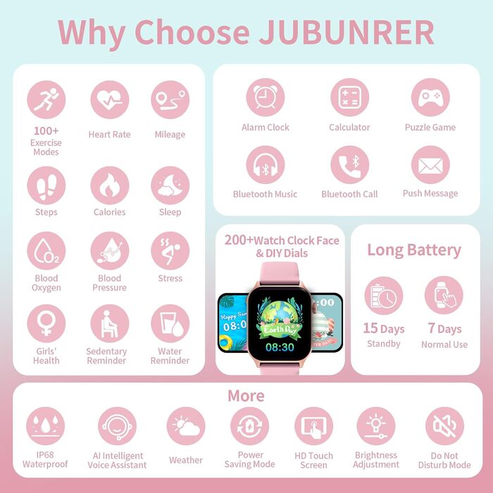 Дитячий розумний годинник Kinderuhr: фітнес-трекер з пульсометром, лічильником кроків, будильником, IP68, водонепроникний, для хлопчиків та дівчаток, рожевий