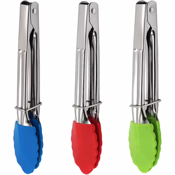 Mini Kitchen Tongs with Silicone Tips, Silicone Serving Tongs with 3 Sets, 17.8 cm, Non-stick Coated Small Tongs with Stainless Steel and Silicone Handles, Heat-resistant Tongs for Cooking, Grilling, Salad