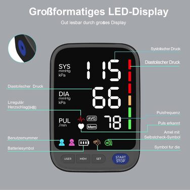 Тонометр WAJ на плече з великою манжетою (22-42 см) для дому | LED-дисплей 6,4 дюйма | Виявлення аритмії | 2×120 місця пам'яті | Вимірювання пульсу, білий (чорний)