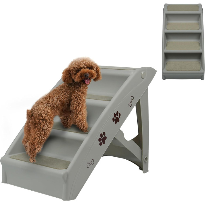 Froadp 49x38x61cm Folding Stairs for Dogs Made of Plastic, Folding Dog Steps with 4 Steps & Felt Mat, Non-Slip Cat Stairs, Bed, Balcony, Sofa, Portable Pet Stairs for Dogs and Cats (Grey)