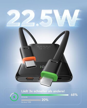 Повербанк VEGER 10000mAh 22.5W з вбудованим кабелем USB-C, швидка зарядка, чорний