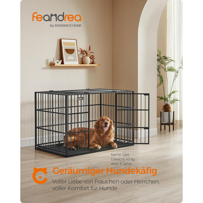 Клітка для собак Feandrea, 122 x 75 x 80 см, XXL, чорна, з висувною піддоном, подвійними дверцятами, для великих собак
