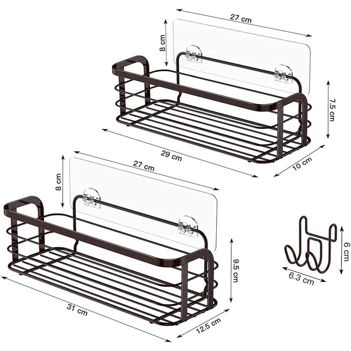 Avoalre Shower Caddy without Drilling, 2 Pack Shower Shelf with 1 Movable Hook, Load Capacity 10KG Shower Shelf Bronze Shower Storage