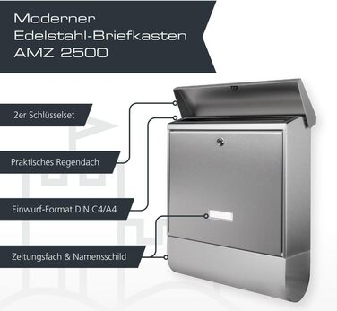 Поштова скринька Burg-Wächter з газетницею та табличкою для імені, нержавіюча сталь, формат DIN C4, 2 ключі, AMZ 2500 NI