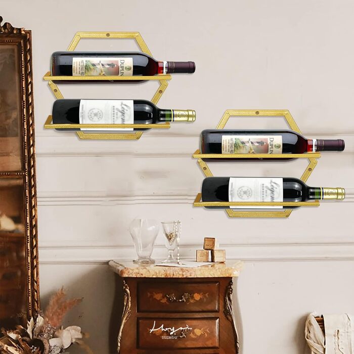 Metal Wall Mounted Wine Holder Stemware Glass Rack, 2Pcs Hanging Glass Wine Rack Wall Mount Red Wine Rack Organizer with 3 Stem Glass Holders for Home Kitchen Bar Display Decor (Gold Bb)