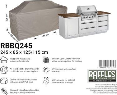 Захисний чохол для вуличної кухні 245x85x125/115 см, водонепроникний, дихаючий, UV-захист, подвійні шви, еластичний шнурок, Raffles Covers