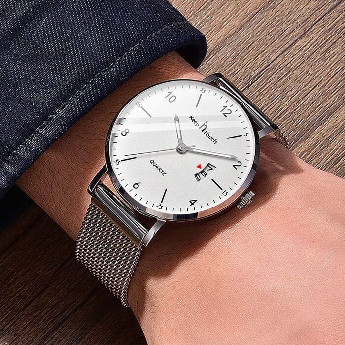 Годинник на зап'ясті Unendlich для чоловіків: ультратонкий, водонепроникний, кварцовий, з мінімалістичним цифровим дисплеєм, з цифровим календарем, для бізнесу та повсякденного носіння, з нержавіючою сталею (Silver-b)