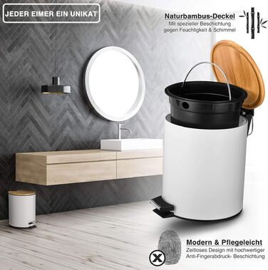 Смітник для косметики VMbathrooms з педаллю та бамбуковою кришкою, Soft-Close, 5 л, білий — для ванної кімнати та туалету